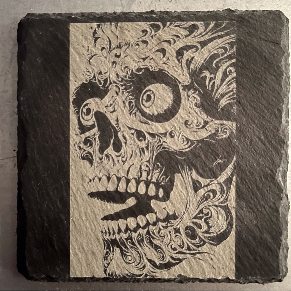 Handmade AI Generated Skull Art Laser Engraved on Slate Coasters x 2